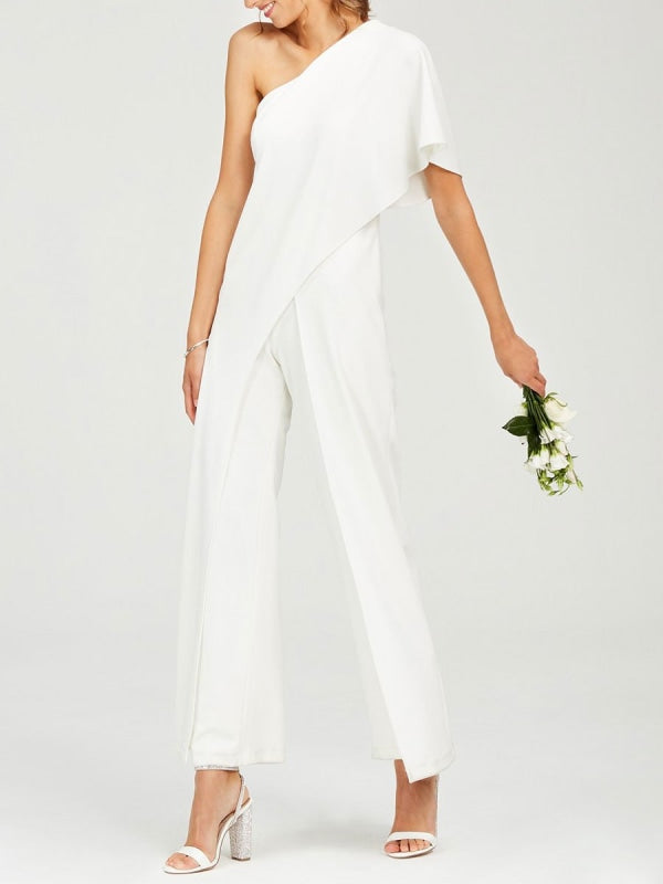 Simple Wedding Jumpsuits Ivory One Shoulder Culottes Bridal Dress