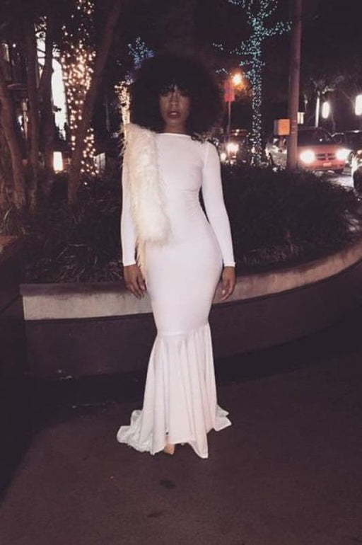 Simple White Long Sleeves Jewel Mermaid Evening Party Dresses - Prom Dresses