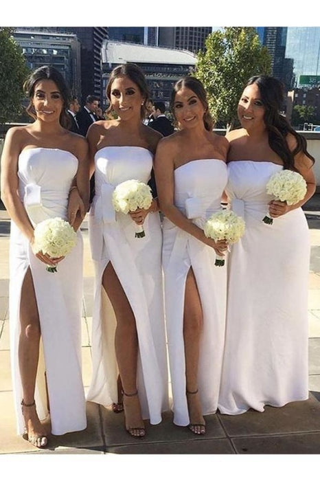Simple White Side Slit Strapless Long Bridesmaid Dress - Bridesmaid Dresses