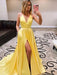 Simple Yellow A Line V Neck High Slit Satin Long Prom Dresses with Train, Yellow Formal Dresses, Yellow Evening Dresses, Graduation Dresses