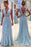 Sky Blue A Line Deep Neck Sleeveless V Back Beading Pleats Chiffon Long Prom Dress - Prom Dresses