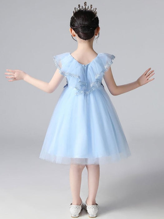 Flower Girl Dresses Light Sky Blue Designed Neckline Tulle Sleeveless Knee-Length A-Line Embroidered Kids Social Party Dresses