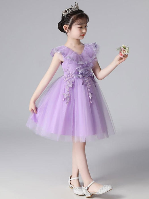 Flower Girl Dresses Light Sky Blue Designed Neckline Tulle Sleeveless Knee-Length A-Line Embroidered Kids Social Party Dresses