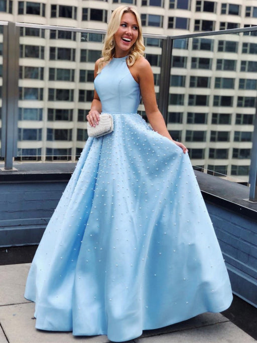 Sky Blue Halter Neck Beaded Long Prom Dresses, Elegant Sky Blue Formal Dresses, Evening Dresses