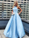 Sky Blue Halter Neck Beaded Long Prom Dresses, Elegant Sky Blue Formal Dresses, Evening Dresses