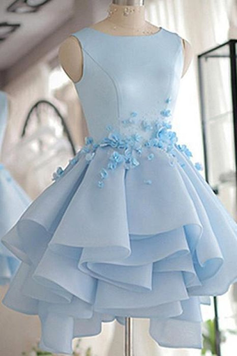 Sky Blue Homecoming A-line Satin Organza Short Flowers Original Prom Dresses Mini Dress - Prom Dresses