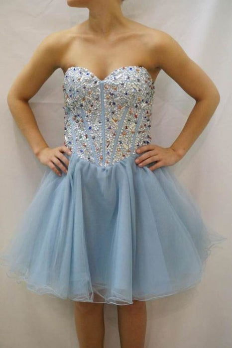 Sky Blue Strapless Homecoming Beads Sweetheart Tulle Prom Dress with Sequins - Prom Dresses