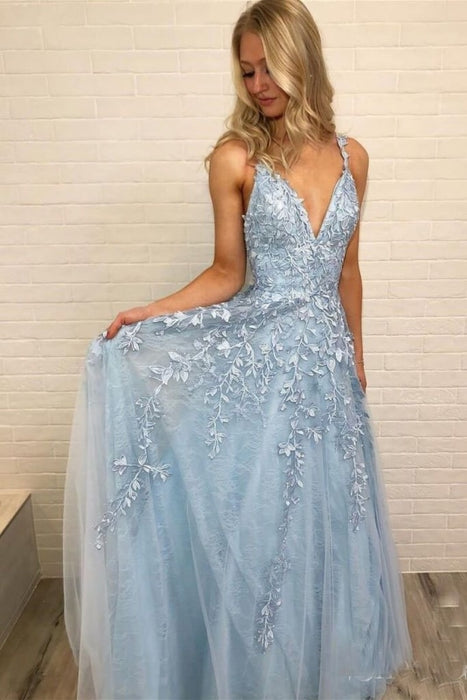 Sky Blue Straps Lace Prom Gown A Line Sleeveless Floor Length V Neck Tulle Party Dress - Prom Dresses