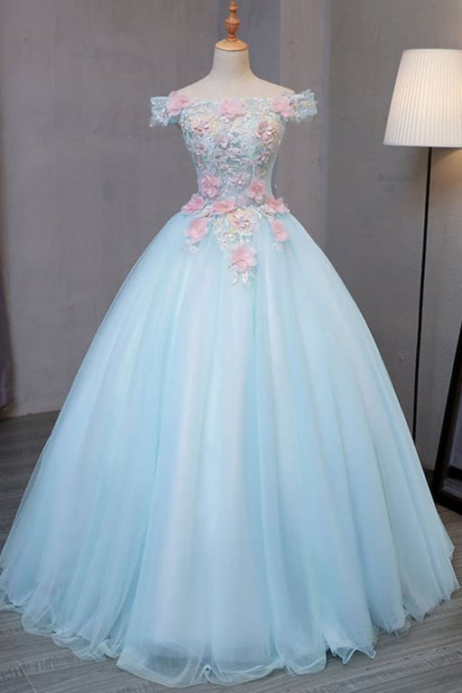 Sky Blue Tulle Princess Off Shoulder Long Prom Dress Quinceanera Dressses with Flowers - Prom Dresses