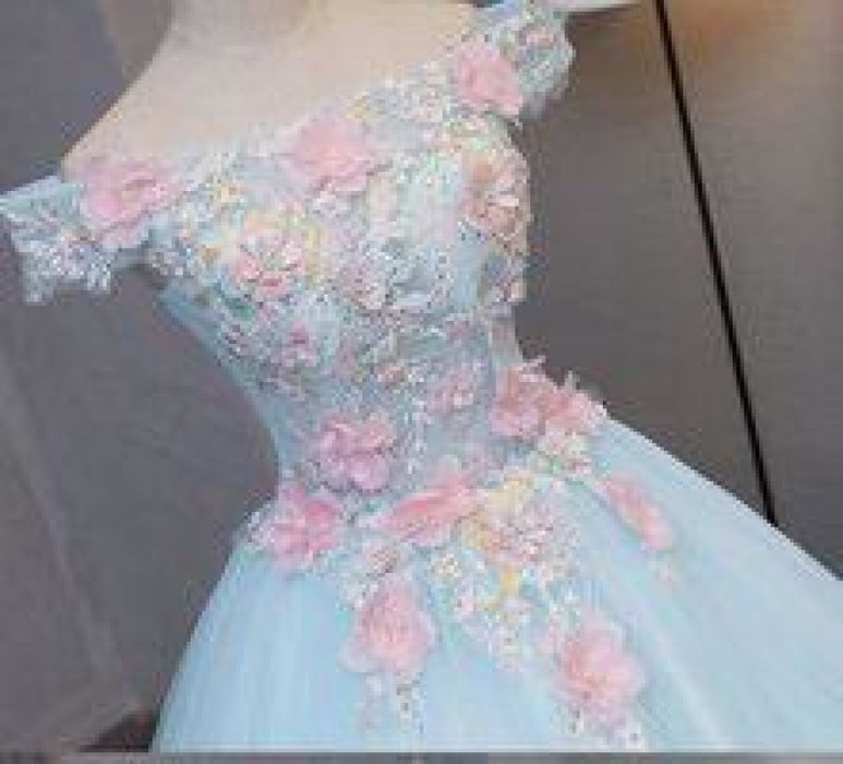Sky Blue Tulle Princess Off Shoulder Long Prom Dress Quinceanera Dressses with Flowers - Prom Dresses