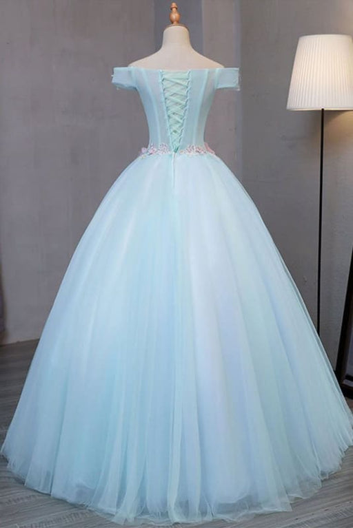 Sky Blue Tulle Princess Off Shoulder Long Prom Dress Quinceanera Dressses with Flowers - Prom Dresses