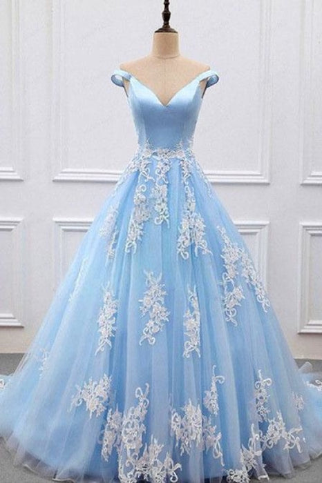Sky Blue V-neck A-Line Lace Appliques Tulle Prom Dresses Formal Women Dress - Prom Dresses