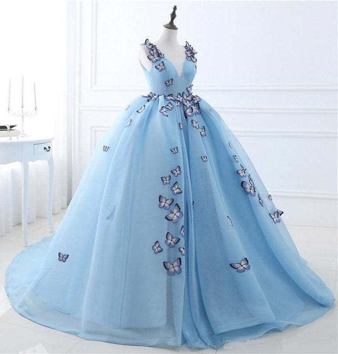 Sky Blue V-neck Butterfly Black Long Prom Dresses 2021 - Bridelily Sky Blue V-neck Butterfly Black Long Prom Dresses 2021 - Bridelily