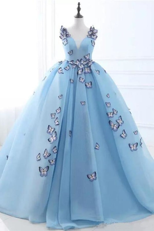 Sky Blue V-neck Butterfly Flowers Ball Long Prom Dress Puffy Event Gowns - Prom Dresses