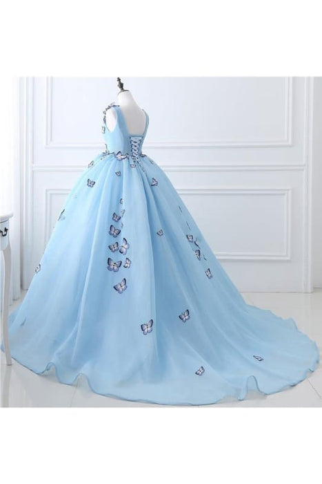 Sky Blue V-neck Butterfly Black Long Prom Dresses 2021 - Bridelily Sky Blue V-neck Butterfly Black Long Prom Dresses 2021 - Bridelily