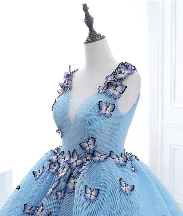 Sky Blue V-neck Butterfly Flowers Ball Long Prom Dress Puffy Event Gowns - Prom Dresses