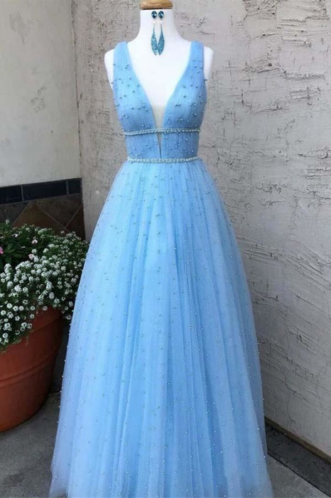 Sky Blue V Neck Floor Length Prom with Beading A Line Tulle Formal Dress - Prom Dresses