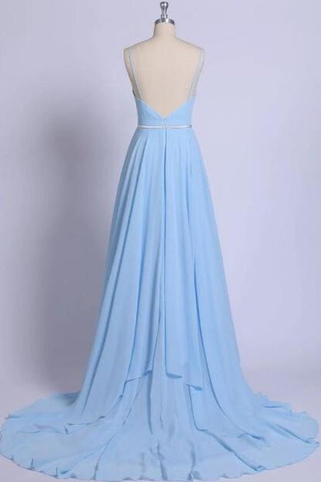 Sky Blue V Neck Prom Dresses Sexy Backless Spaghetti Straps Pleated Long Formal Dress - Prom Dresses