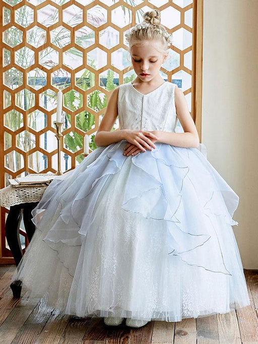 Flower Girl Dresses Sky Light Blue V-Neck Sleeveless Tulle Polyester Bows Kids Social Party Dresses
