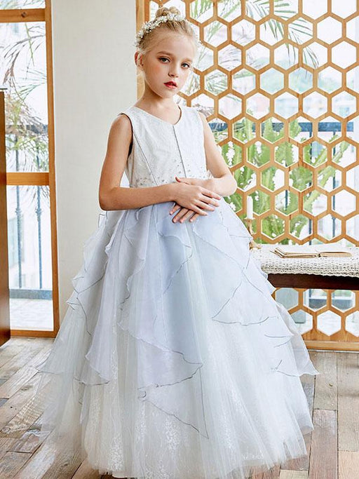 Flower Girl Dresses Sky Light Blue V-Neck Sleeveless Tulle Polyester Bows Kids Social Party Dresses