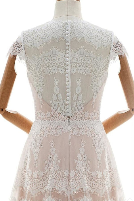 Sleek Cap Sleeve Lace Tulle A-line Wedding Dress - Wedding Dresses