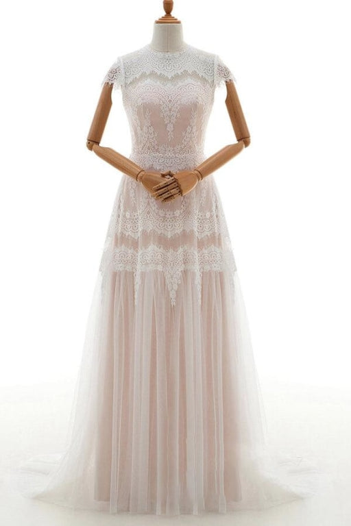 Sleek Cap Sleeve Lace Tulle A-line Wedding Dress - Wedding Dresses