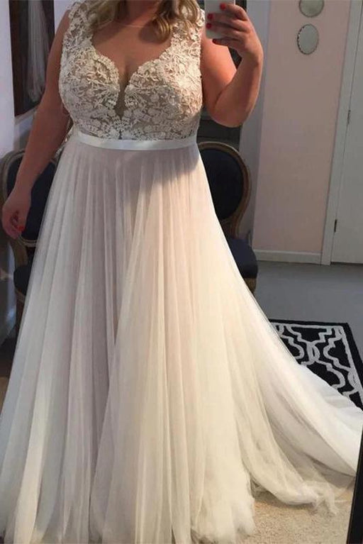Sleek Modest Exquisite A Line Sleeveless Prom Dress with Lace Brush Train Tulle Plus Size Dresses - Prom Dresses