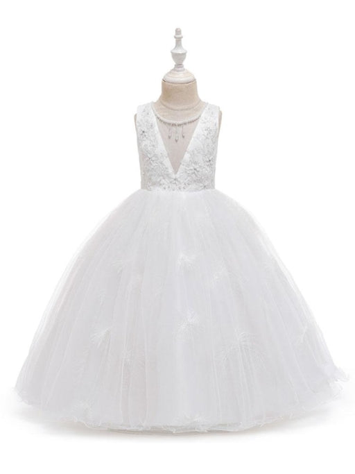 Flower Girl Dresses Jewel Neck Polyester Sleeveless Ankle-Length Ball Gown Bows Formal Kids Pageant Dresses