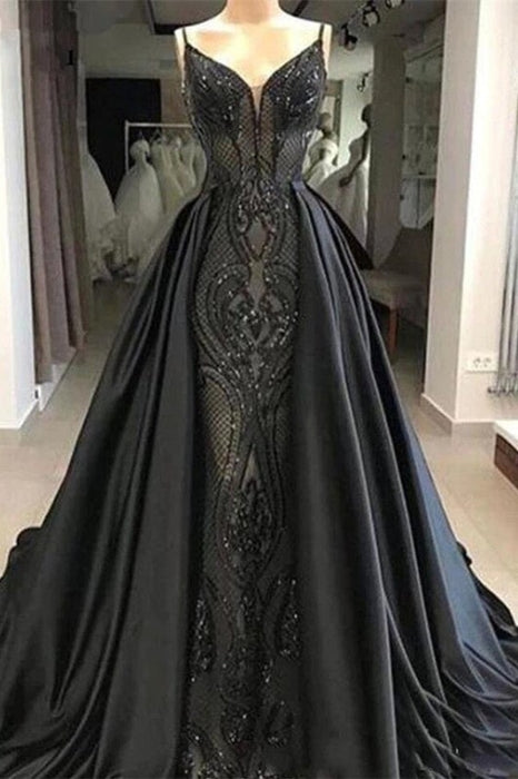 Sleeveless Black Lace Evening Dress Charming Mermaid Sweep Train - Prom Dresses