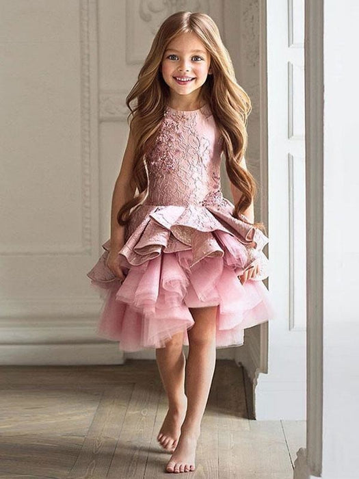 Flower Girl Dresses Jewel Neck Lace Sleeveless Knee Length A-Line Applique Kids Social Party Dresses