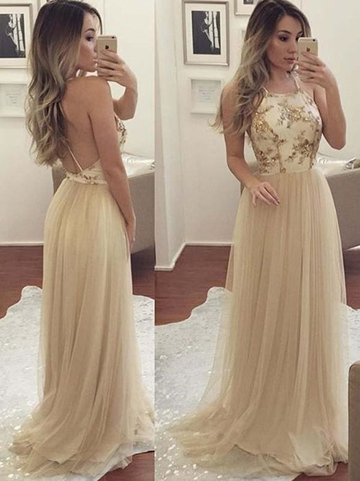 Sleeveless Halter Floor-Length A-line With Applique Tulle Dresses - Prom Dresses