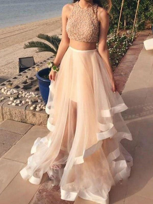 Sleeveless Halter Floor-Length With Beading Organza Two Piece Dresses - Prom Dresses