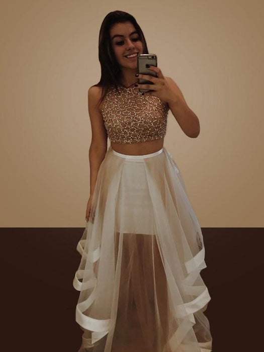Sleeveless Halter Floor-Length With Beading Organza Two Piece Dresses - Prom Dresses