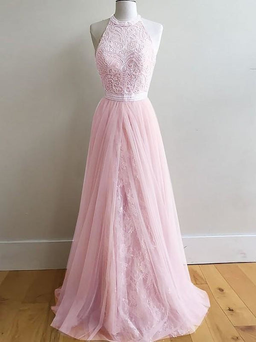 Sleeveless Halter Tulle A-line With Lace Sweep/Brush Train Dresses - Prom Dresses