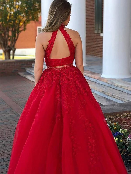 Sleeveless Halter With Beading Tulle Floor-Length Two Piece Dresses - Prom Dresses