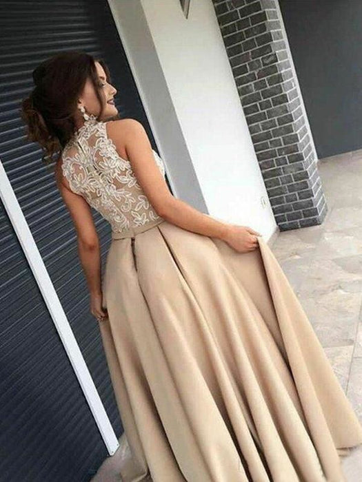 Sleeveless High Neck Sweep/Brush Train With Applique Satin Dresses - Prom Dresses