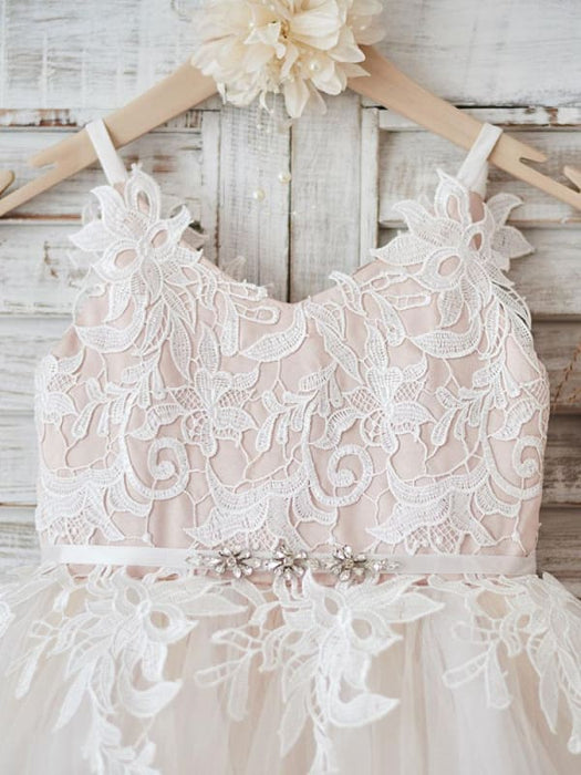 Flower Girl Dresses Straps Neck Sleeveless Sash Formal Kids Pageant Dresses