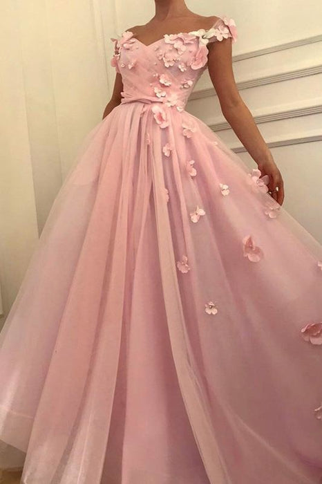 Sleeveless Off-The-Shoulder Floor-Length With Applique Tulle Dresses - Prom Dresses