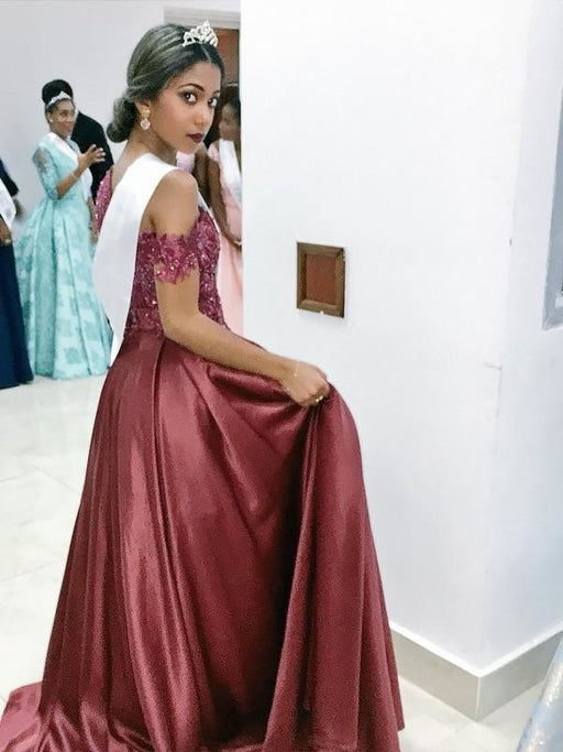 Sleeveless Off-The-Shoulder Satin With Applique Floor-Length Dresses - Prom Dresses