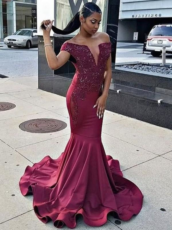 Sleeveless Off-The-Shoulder Sweep/Brush Train Lace Satin Dresses - Prom Dresses