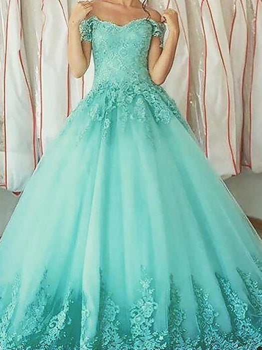 Sleeveless Off-the-Shoulder With Applique Floor-Length Tulle Dresses - Prom Dresses