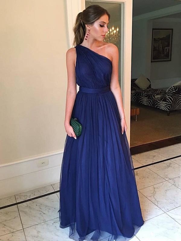 Sleeveless One-Shoulder Floor-Length A-line With Ruffles Tulle Dresses - Prom Dresses