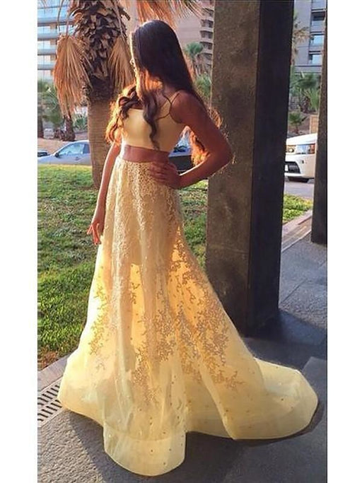 Sleeveless Satin Sweep/Brush Train With Applique Two Piece Dresses - Prom Dresses