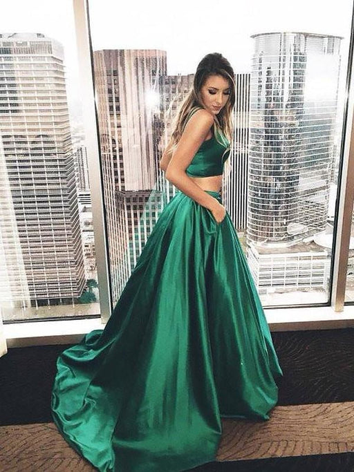 Sleeveless Square Floor-Length With Ruffles Satin Two Piece Dresses - Prom Dresses