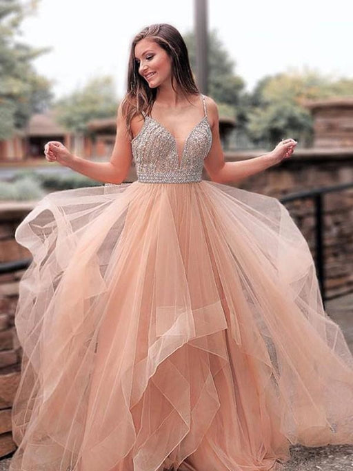 Sleeveless Straps Sweep/Brush A-line Train With Beading Tulle Dresses - Prom Dresses