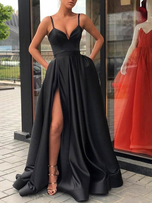 Sleeveless Straps Sweep/Brush A-line Train With Ruffles Satin Dresses - Prom Dresses