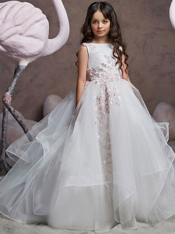 Flower Girl Dresses Jewel Neck Tulle Sleeveless Sweep Princess Silhouette Embroidered Formal Kids Pageant Dresses