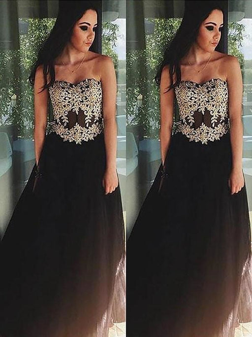 Sleeveless Sweetheart Tulle A-line With Applique Floor-Length Dresses - Prom Dresses