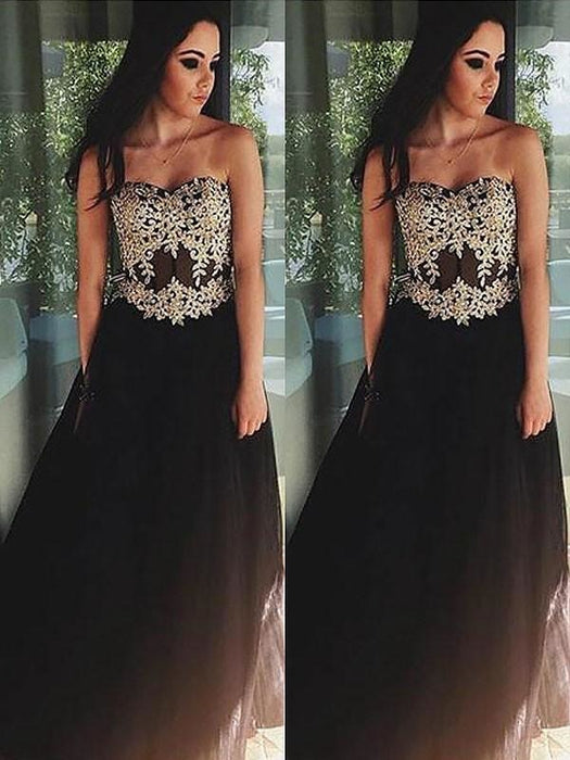 Sleeveless Sweetheart Tulle A-line With Applique Floor-Length Dresses - Prom Dresses