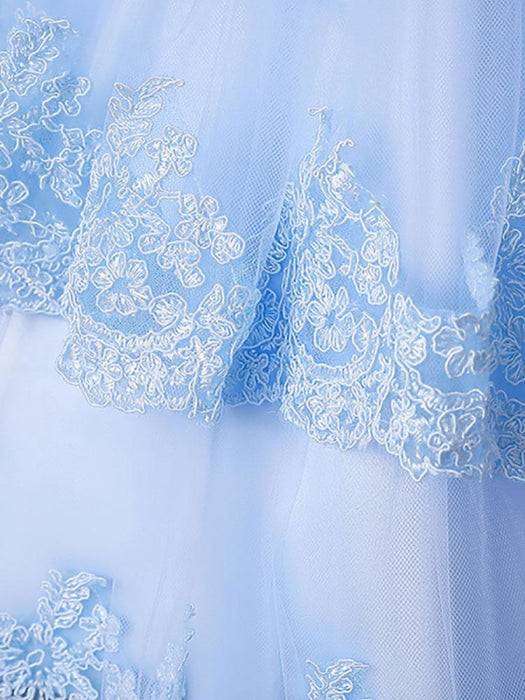 Flower Girl Dresses Light Blue Jewel Neck Sleeveless Polyester Tulle Embroidered Kids Party Dresses